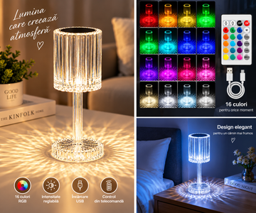 Lampa LED Transparenta 24 cm, Model Cristal cu Acumulator, USB și Telecomanda