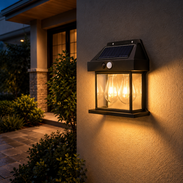 Lampa solara de perete cu senzor de miscare 2 led filament alb cald
