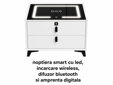 Noptieră smart cu led, încărcare wireless și difuzor Bluetooth – 2 sertare