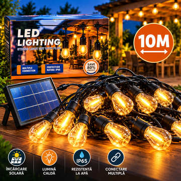 Instalatie solara becuri 10m led alb cald