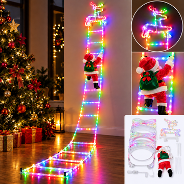 Instalație LED decorativa tip scara cu Mos Craciun și ren 1.6 m
