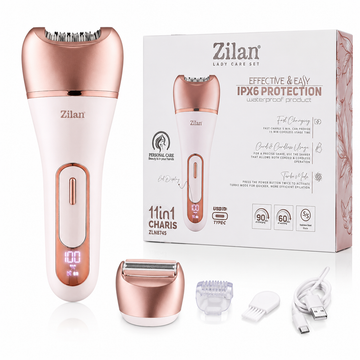 Epilator electric Zilan 11 în 1 IPX6, reîncărcabil USB Type-C, afișaj LED, utilizare umedă și uscată