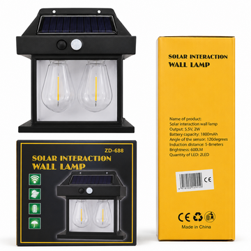 Lampa solara de perete cu senzor de miscare 2 led filament alb cald