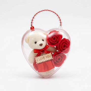 Aranjament flori sapun cu ursulet in cutie plastic