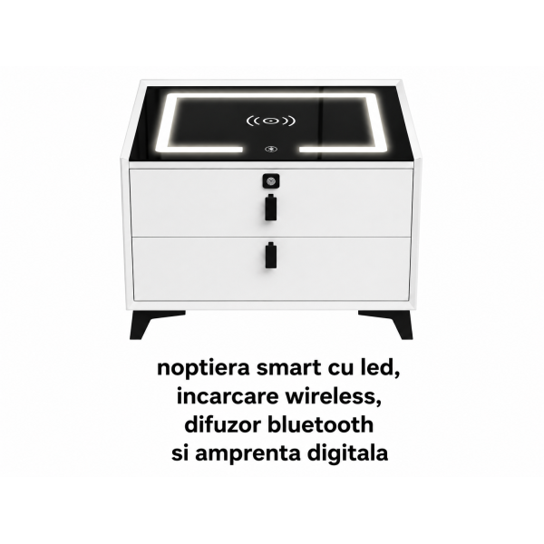 Noptieră smart cu led, încărcare wireless și difuzor Bluetooth – 2 sertare