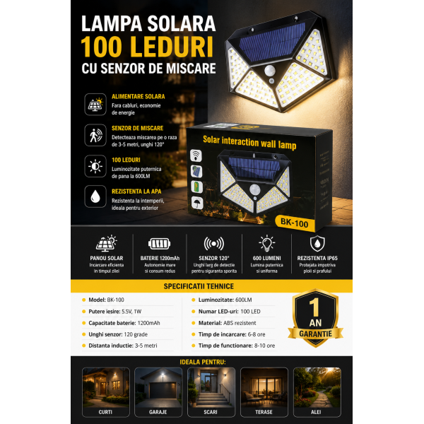 Lampa solara exterior cu 100 leduri