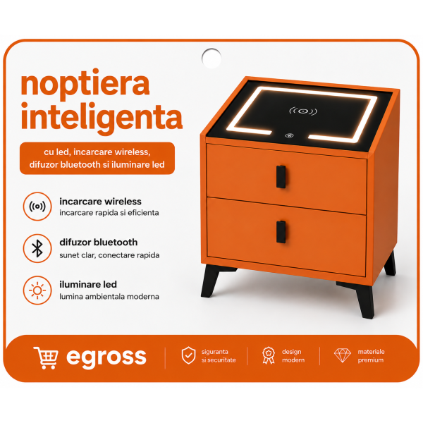 Noptieră smart cu led, încărcare wireless și difuzor Bluetooth – 2 sertare