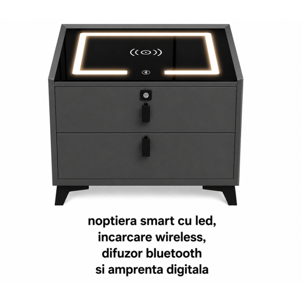 Noptieră smart cu led, încărcare wireless și difuzor Bluetooth – 2 sertare