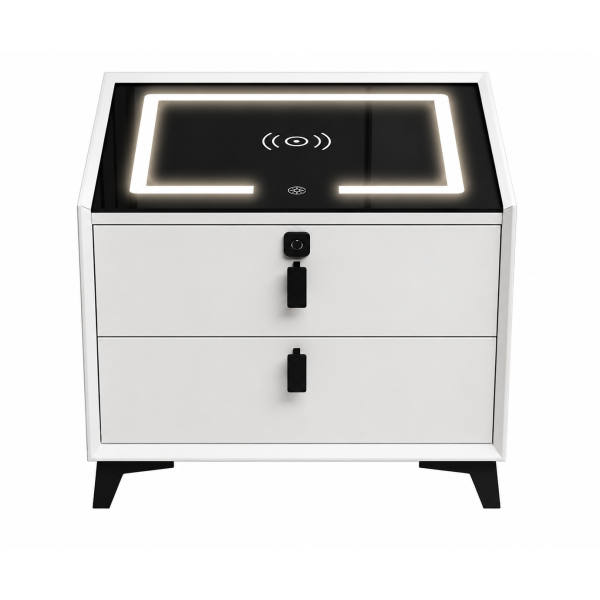 Noptieră smart cu led, încărcare wireless și difuzor Bluetooth – 2 sertare