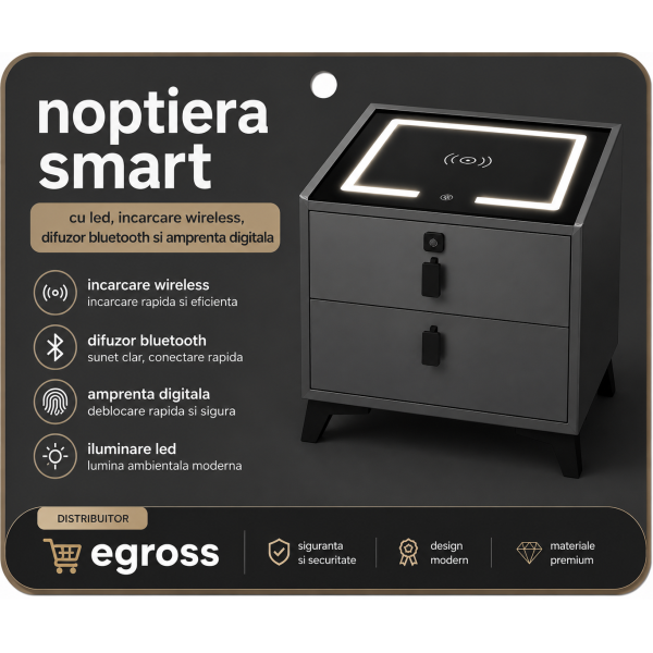 Noptieră smart cu led, încărcare wireless și difuzor Bluetooth – 2 sertare