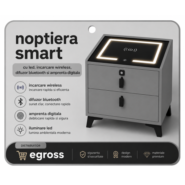 Noptieră smart cu led, încărcare wireless și difuzor Bluetooth – 2 sertare