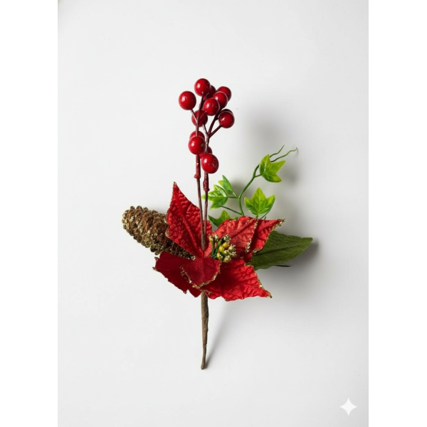 Crenguta decorativa cu craciunita rosie si conuri 