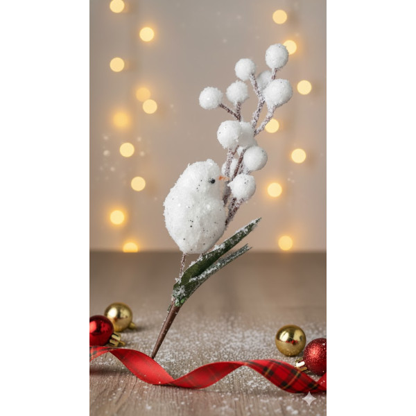 Crenguta decorativa cu pasare si bobite albe