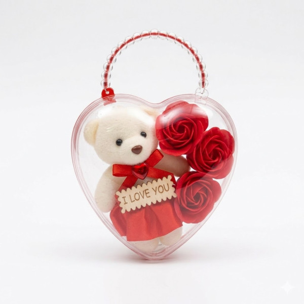 Aranjament flori sapun cu ursulet in cutie plastic